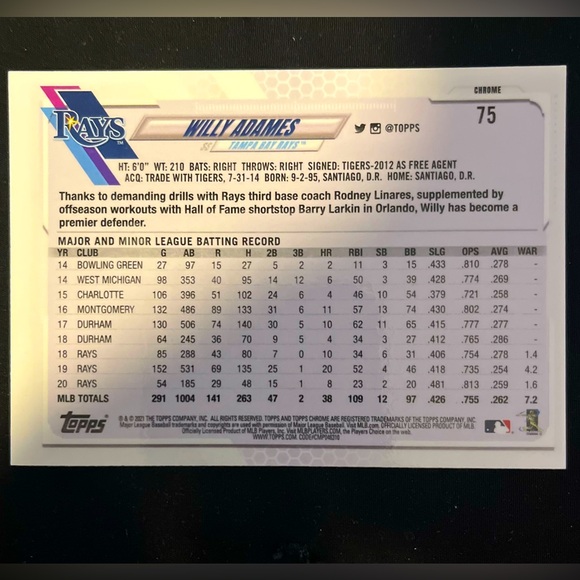 Willy Adames 2021 TOPPS Chrome Tampa Bay Rays #75 MLB Baseball Trading Card - Picture 3 of 4